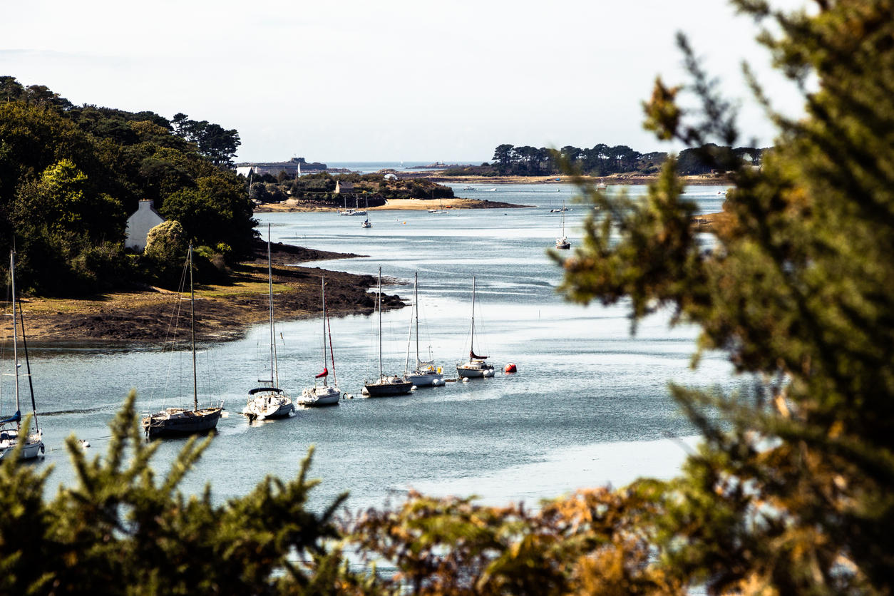 Blick auf einen von Bäumen gesäumten Fluss mit vertäuten Segelbooten - Aufenthalt in der Bretagne